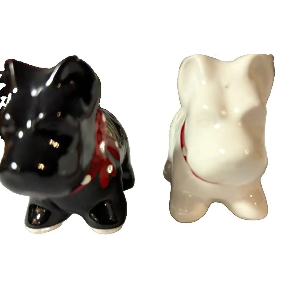 Vintage Japan Scottie Dog Salt Pepper Shakers Black White Red Polka Dot Bow